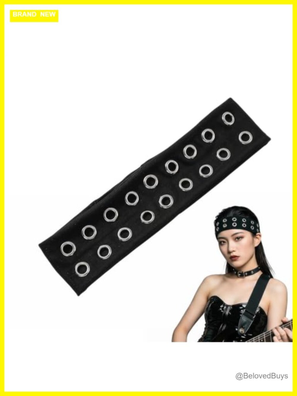 Punk Grommet Eyelet Wide Elastic Headband Y2K Grunge Hair Accessory